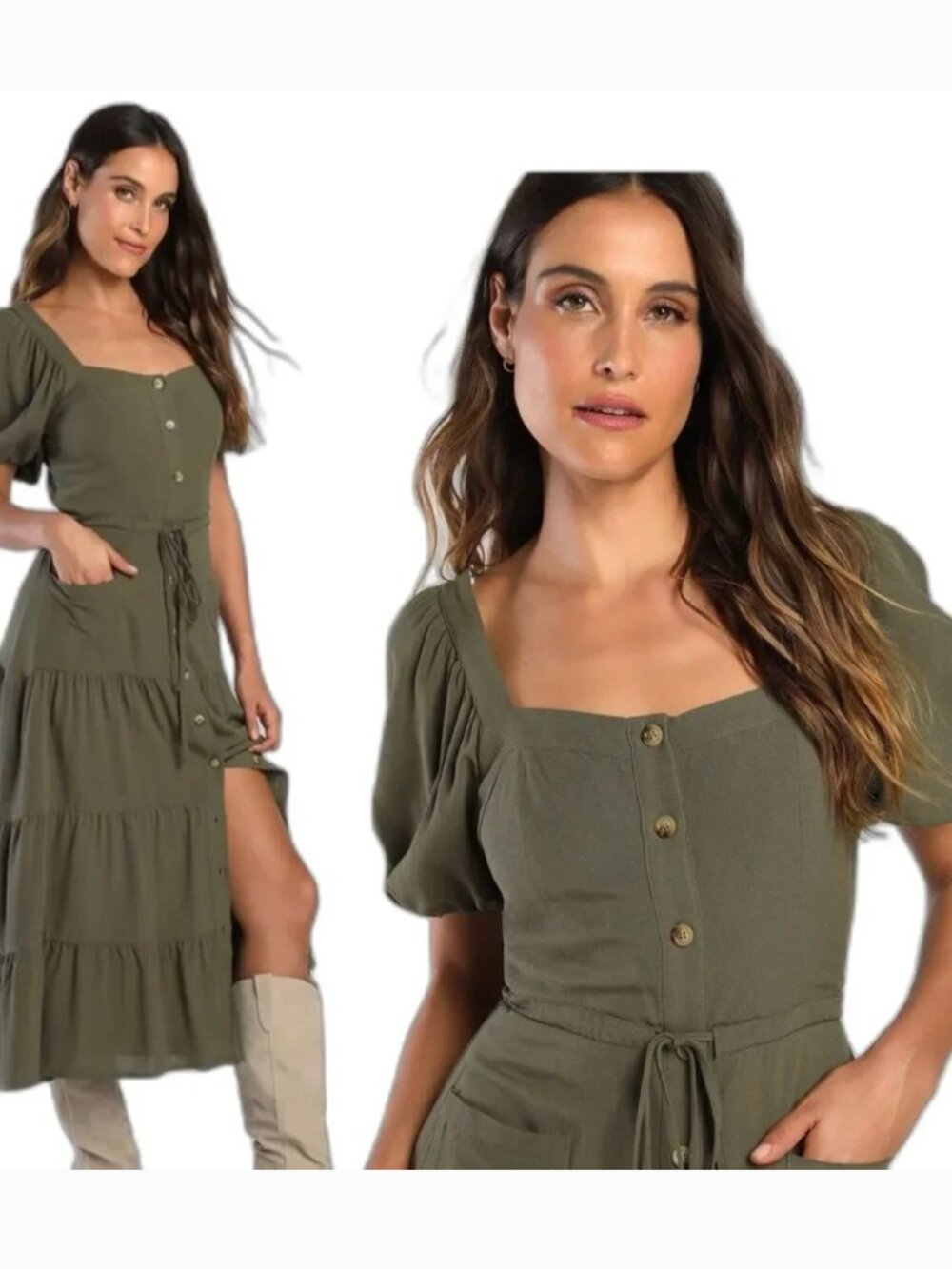 Lulus NEW Puff Sleeve Tiered Midi Dress Sz M Green Army Prairie Cottagecore - Picture 2 of 13